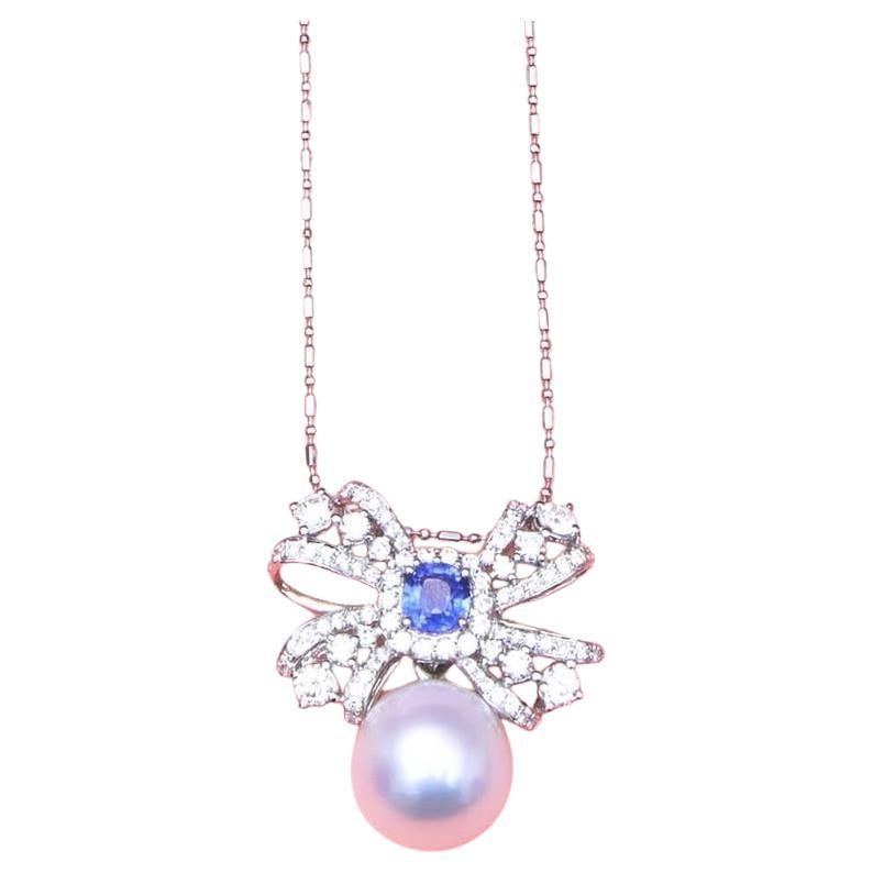 GIT Certified South Sea Pearl Sapphire Diamonds 18K Gold Pendant