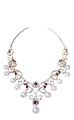 Perle dei mari del sud certificate GIT 10,00 carati di rubini 8,80 carati di diamanti Collana in oro 18 carati