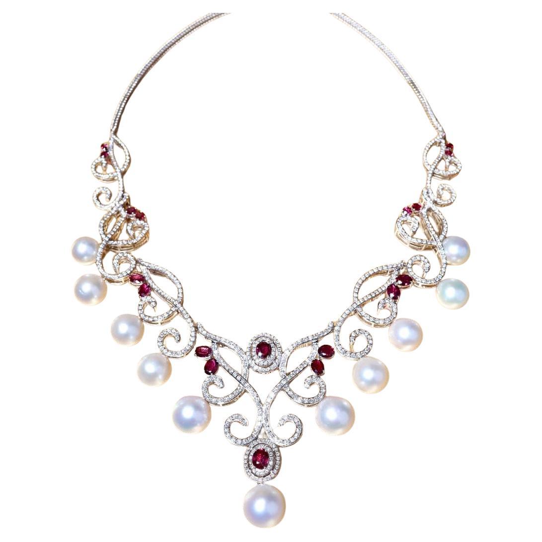 GIT Certificado Perlas del Mar del Sur 10.00 Ct Rubíes 8.80 Ct Diamantes Collar de Oro de 18K