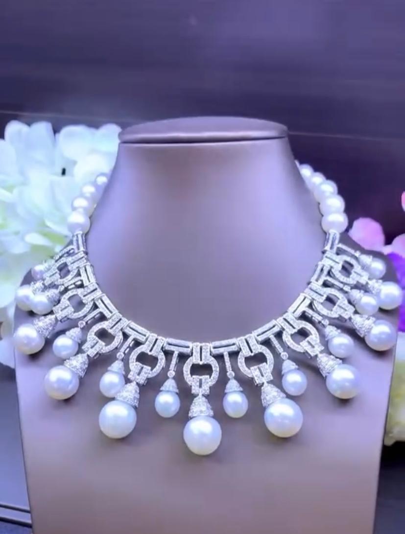 Taglio rotondo Perle dei mari del sud certificate GIT  Collana Art Deco con 11,00 carati di diamanti in vendita