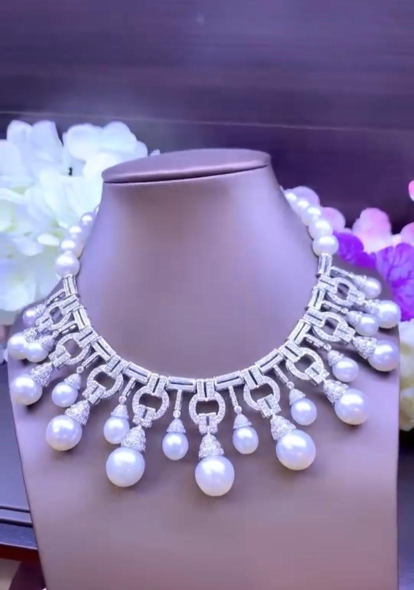da uomo o donna Perle dei mari del sud certificate GIT  Collana Art Deco con 11,00 carati di diamanti in vendita
