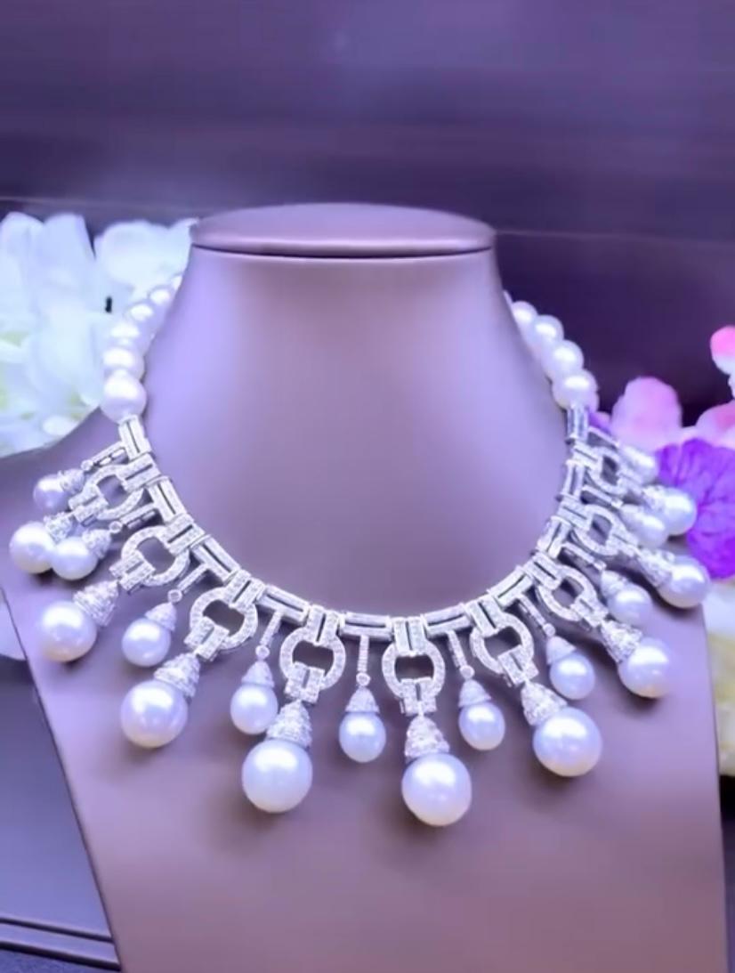 Perle dei mari del sud certificate GIT  Collana Art Deco con 11,00 carati di diamanti in vendita 1