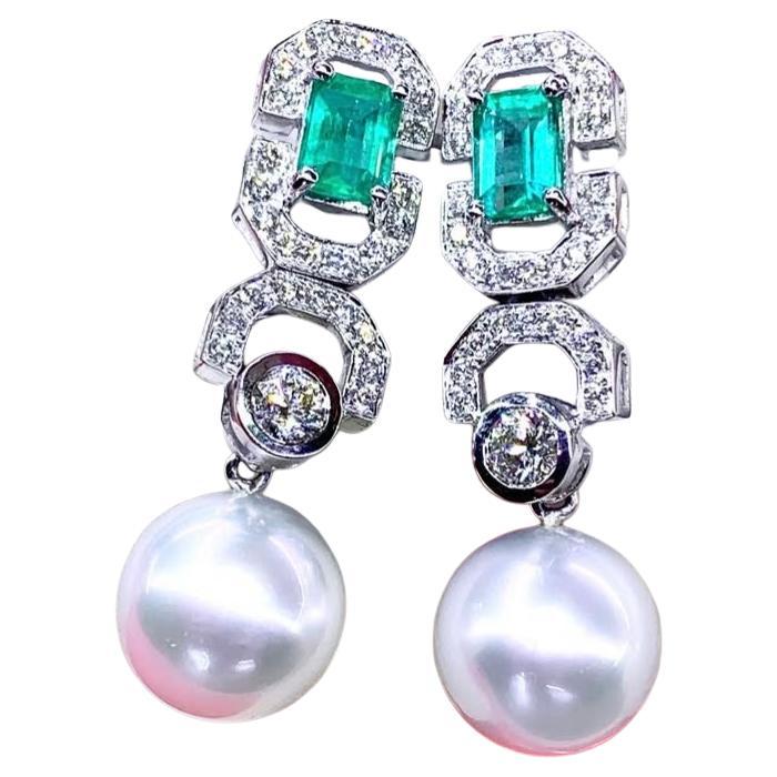 GIT Certified South Sea Pearls 2.10 Ct Colombian Emeralds Diamonds Earrings