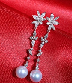 Certified South Sea Pearls 2.35 Ct Mixed Shape Diamonds 18K Gold Earrings