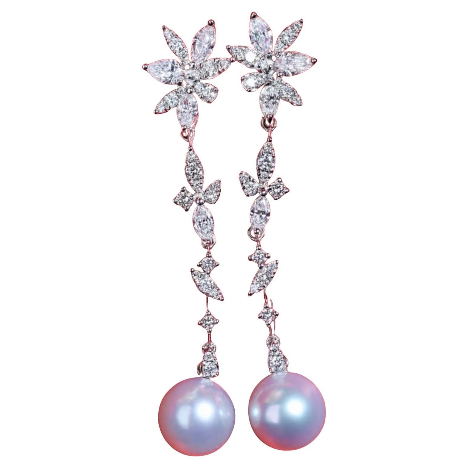 GIT Certified South Sea Pearls 2.35 Ct Mixed Shape Diamonds 18K Gold Earrings For Sale