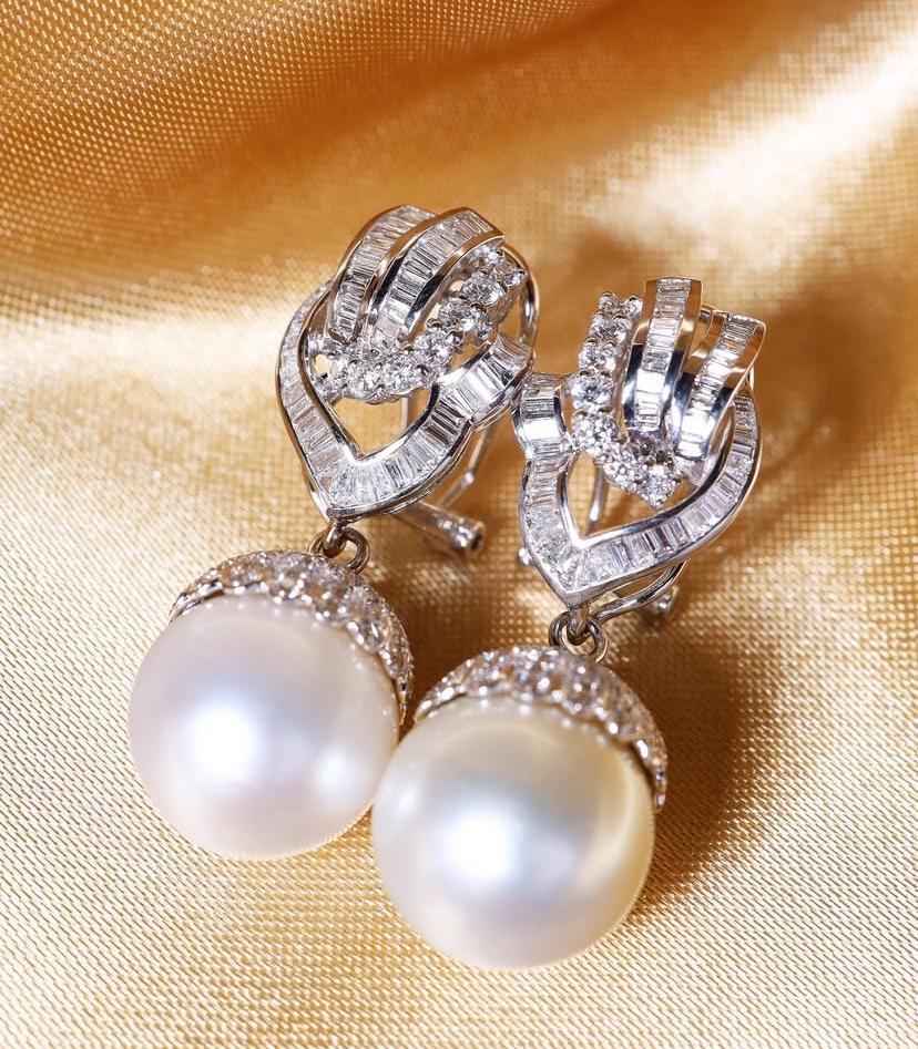 GIT Zertifizierte Südseeperlen 2,50 Karat Diamanten 18K Gold Ohrringe für Damen oder Herren im Angebot