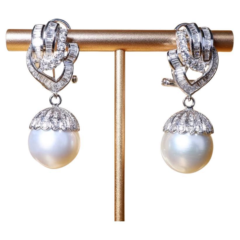 GIT Pendientes de oro de 18 quilates con perlas del mar del Sur certificadas y diamantes de 2,50 quilates