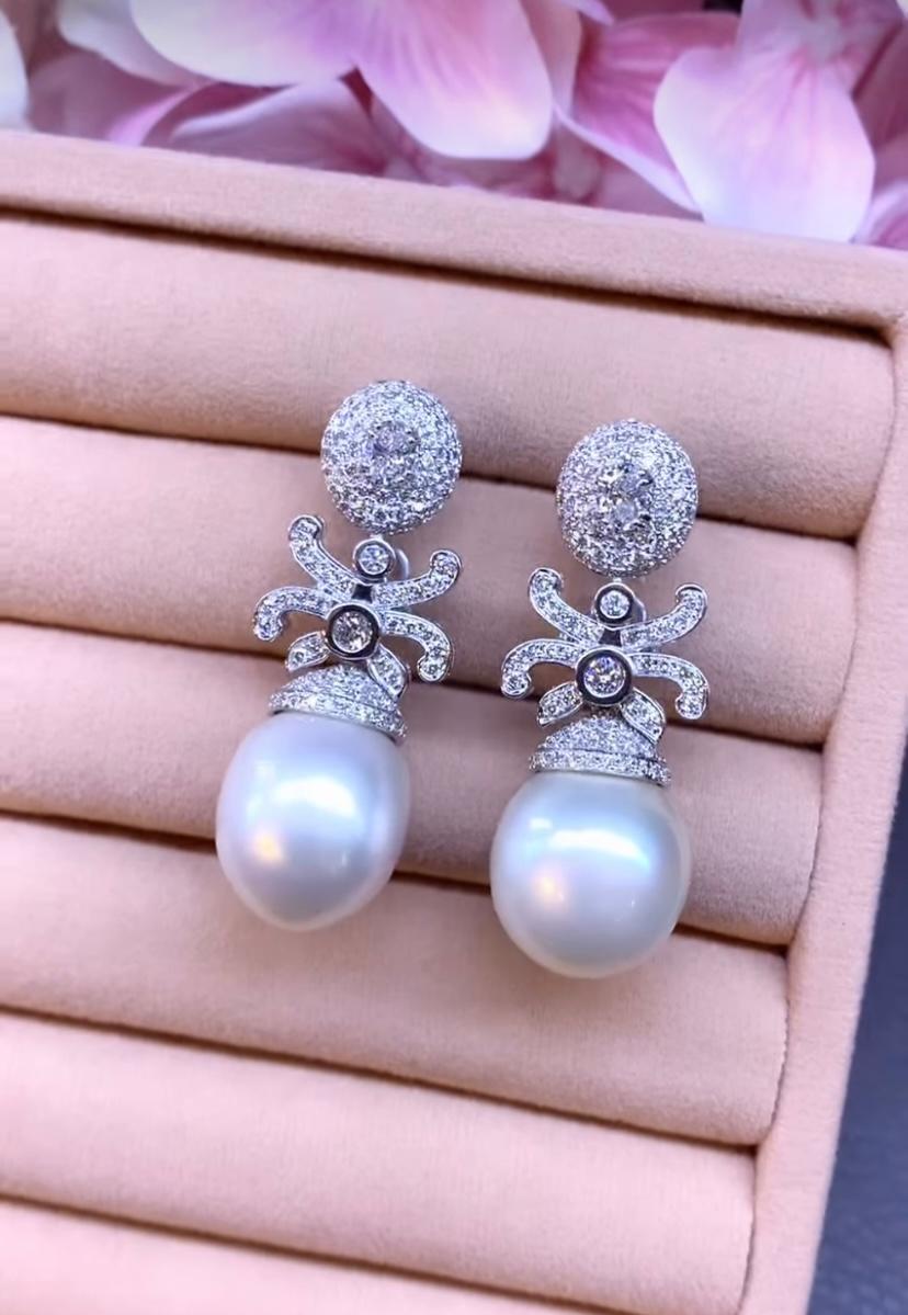 Mixed Cut GIT Certified South Sea Pearls  2.78 Carats Diamonds 18K Gold Earrings For Sale