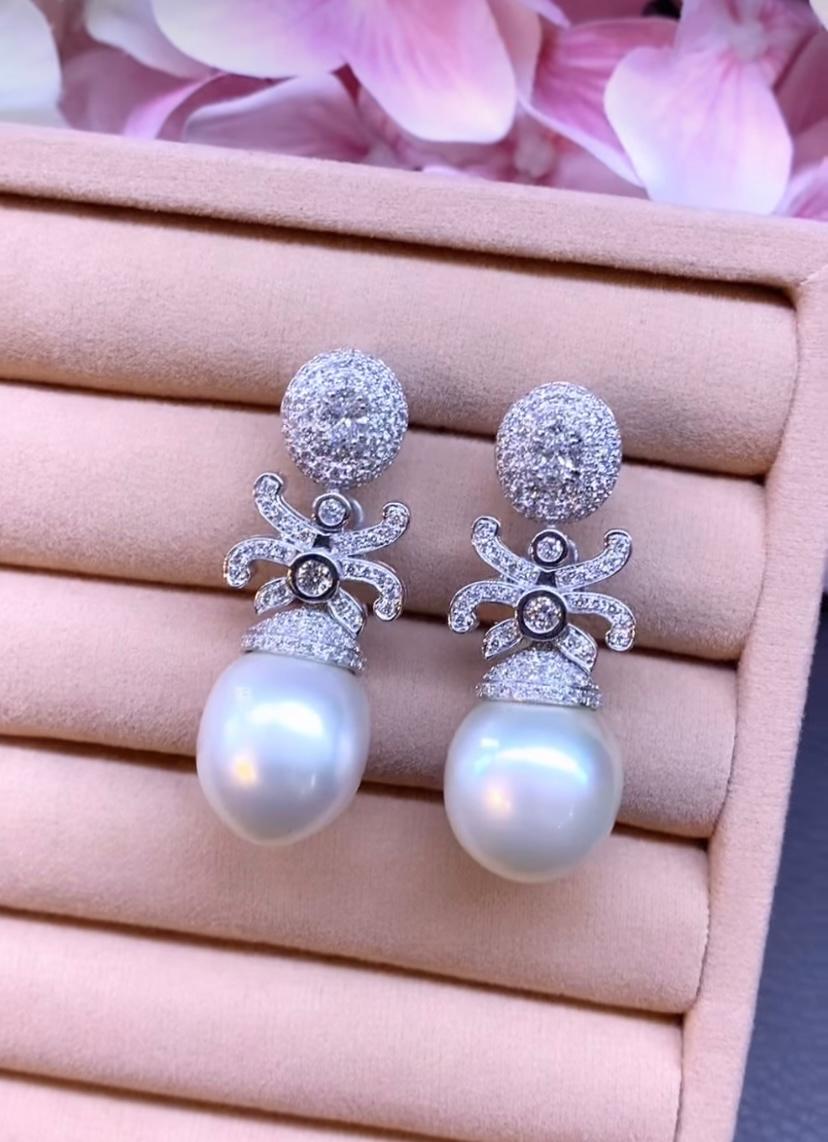 GIT Certified South Sea Pearls  2.78 Carats Diamonds 18K Gold Earrings For Sale 1