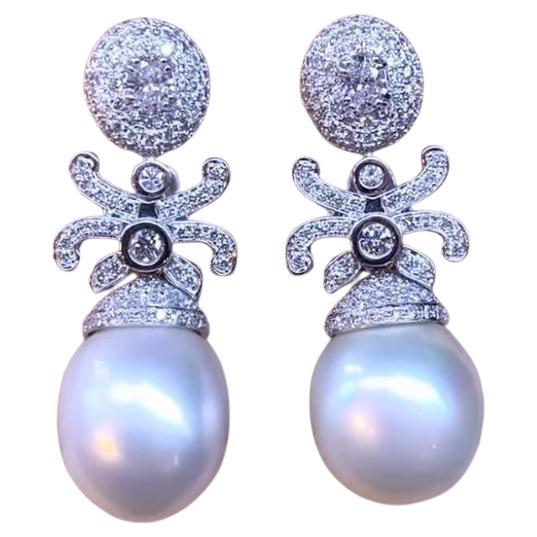 GIT Certified South Sea Pearls  2.78 Carats Diamonds 18K Gold Earrings For Sale