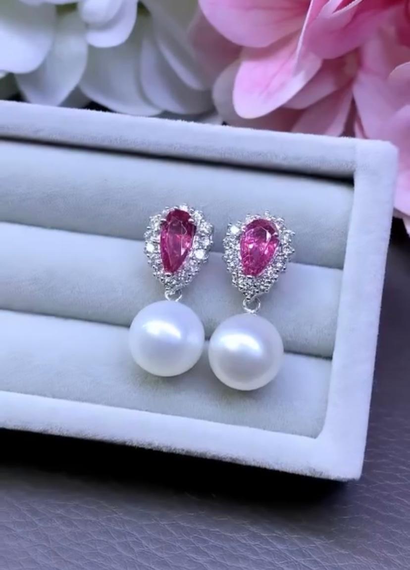 Boucles d'oreilles en perles des mers du Sud certifiées GIT, tourmaline rubellite de 2,90 carats Pour femmes en vente
