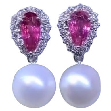 GIT Certified South Sea Pearls 2.90 Ct Tourmaline Rubellite Diamonds Earrings