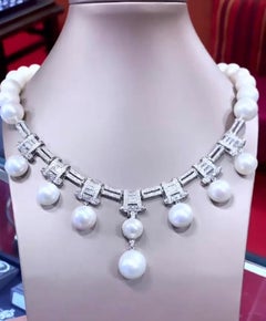 GIT Certified South Sea Pearls  4.70 Ct Diamonds 18K Gold Art Deco Necklace
