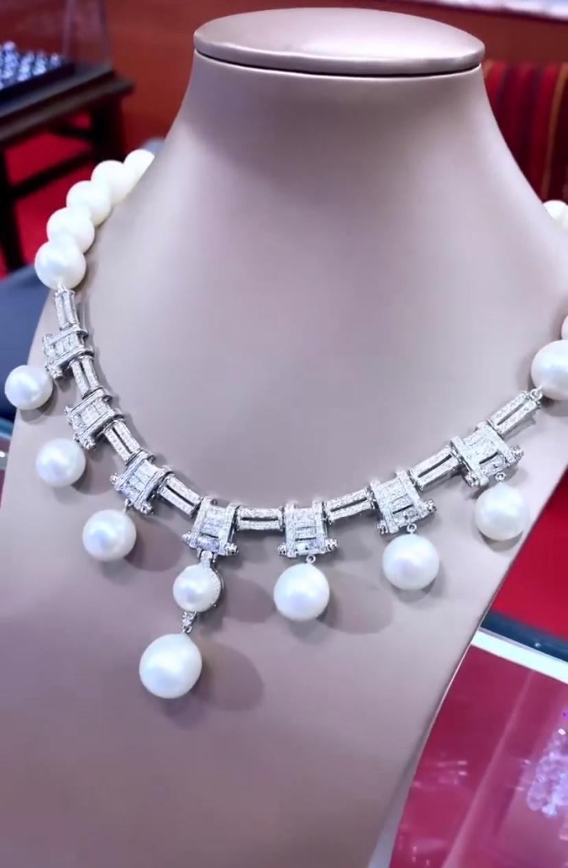 Oval Cut GIT Certified South Sea Pearls  4.70 Ct Diamonds 18K Gold Art Deco Necklace  For Sale