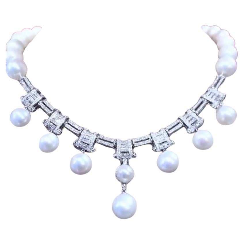 GIT Certified South Sea Pearls  4.70 Ct Diamonds 18K Gold Art Deco Necklace  For Sale