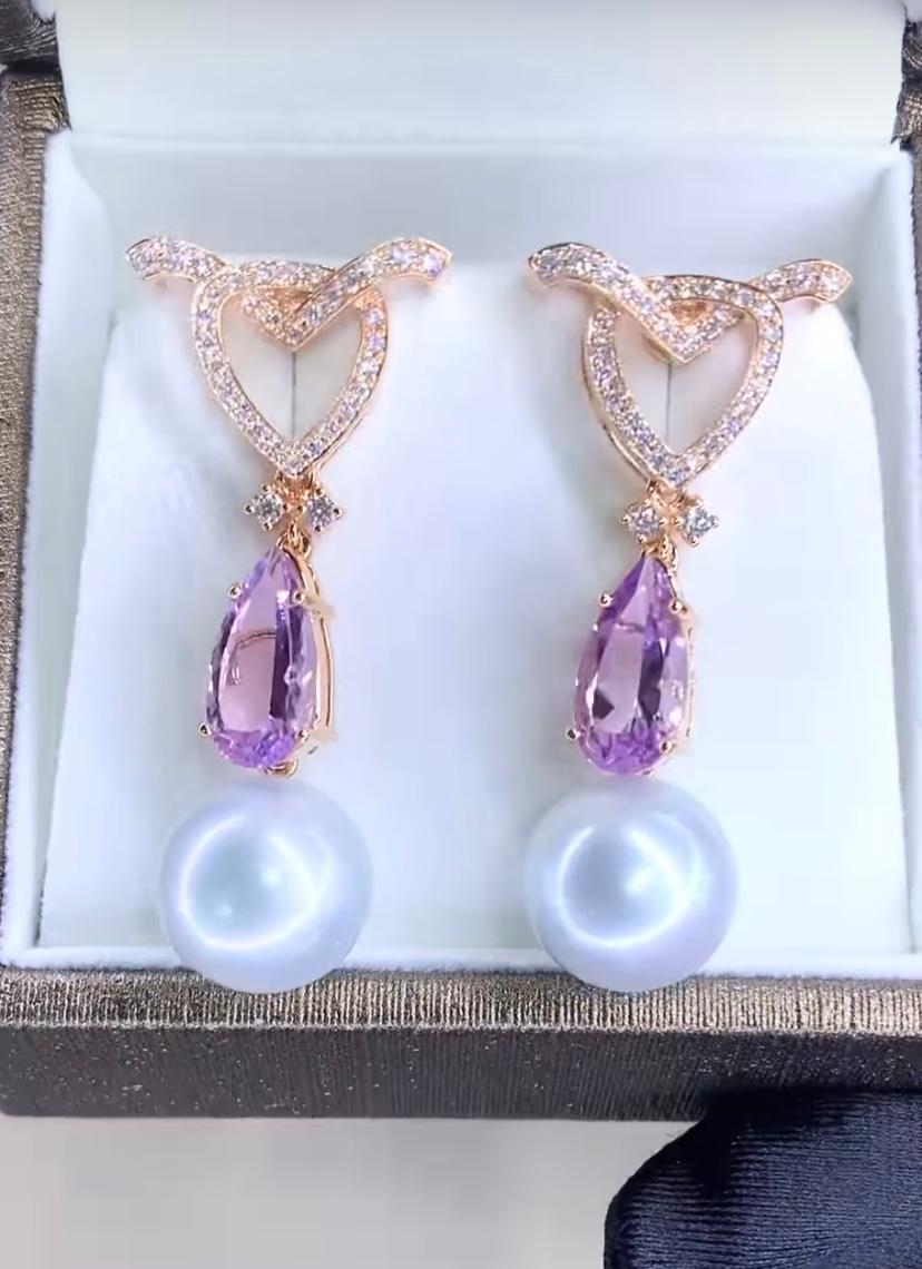 Taglio misto Orecchini in oro 18K con perle dei mari del sud certificate GIT e diamanti di ametista da 5,00 carati in vendita