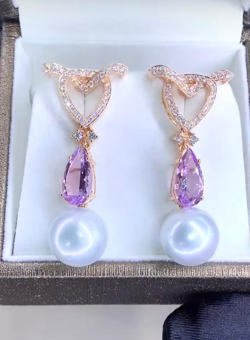 Donna Orecchini in oro 18K con perle dei mari del sud certificate GIT e diamanti di ametista da 5,00 carati in vendita
