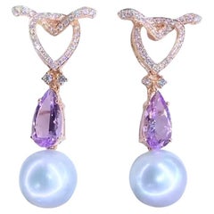 Boucles d'oreilles en or 18 carats avec perles des mers du Sud certifiées GIT 5,00 carats d'améthyste diamants
