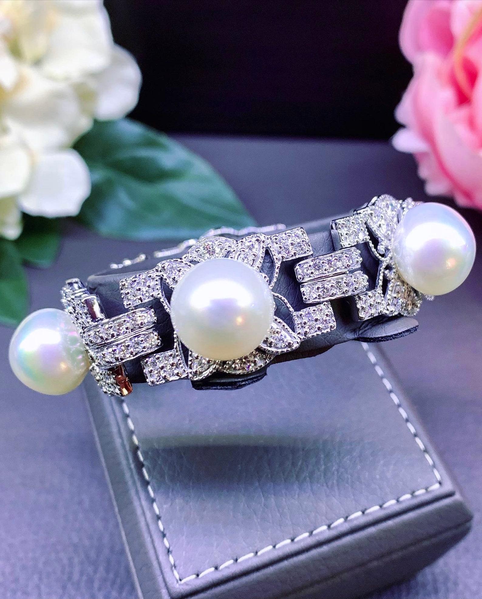 GIT Certified South Sea Pearls 5.00 Ct Diamonds 18K Gold Bracelet For Sale 1