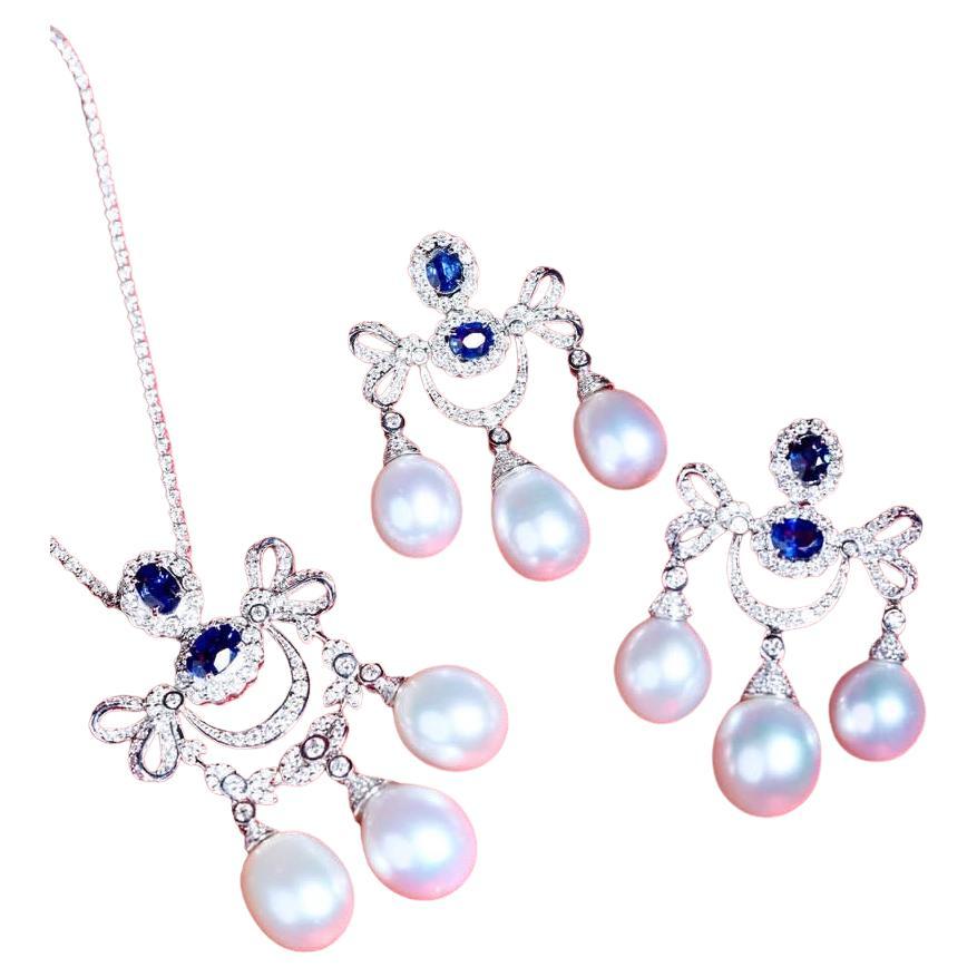 GIT Certified South Sea Pearls 5.40 Ct Diamonds 5.10 Ct Ceylon Sapphires Parure For Sale