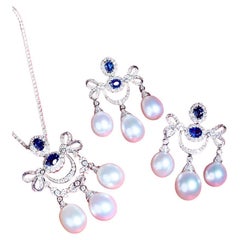 GIT Certified South Sea Pearls 5.40 Ct Diamonds 5.10 Ct Ceylon Sapphires Parure