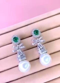 GIT Certified South Sea Pearls 5.40 Ct Zambian Emeralds 4.30 Ct Diamonds Earring