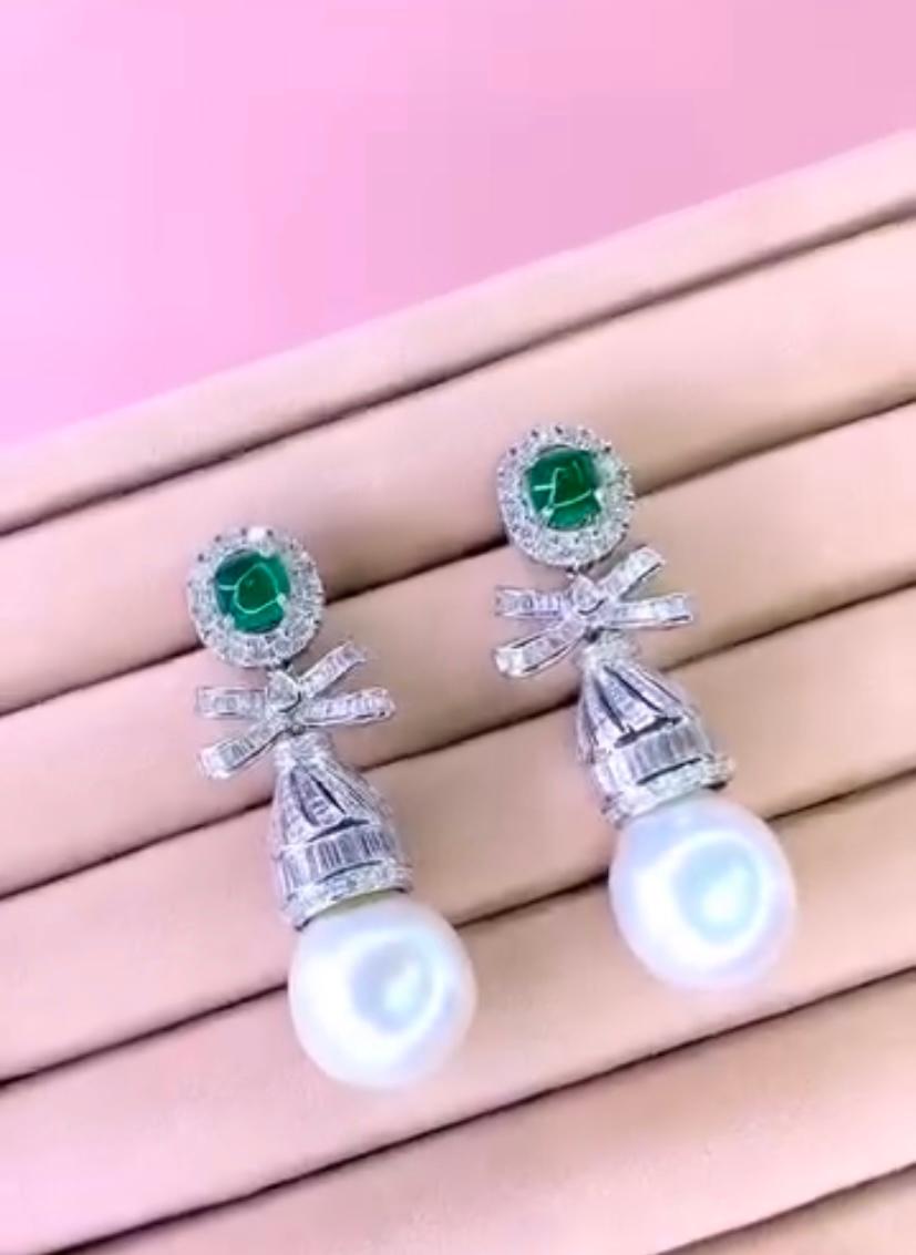 Boucles d'oreilles en perles des mers du Sud certifiées GIT, émeraudes de Zambie 5,40 carats et diamants 4,30 carats Pour femmes en vente