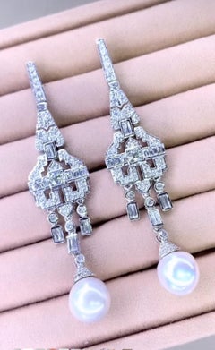 GIT Certified South Sea Pearls 5.80 Carat Diamonds Art Deco Earrings