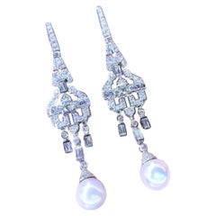 GIT Certified South Sea Pearls 5.80 Carat Diamonds Art Deco Earrings