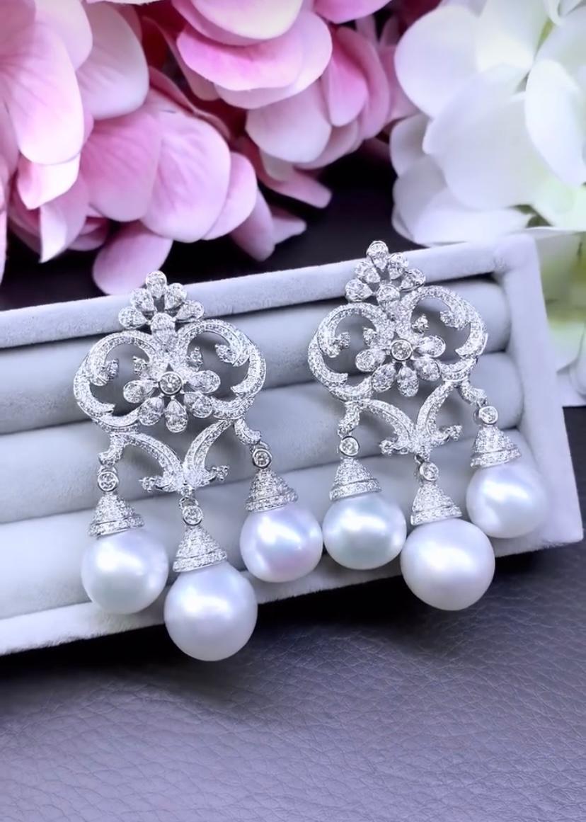 Round Cut GIT Certified South Sea Pearls 6.00 Ct Diamonds 18k Gold Earrings For Sale