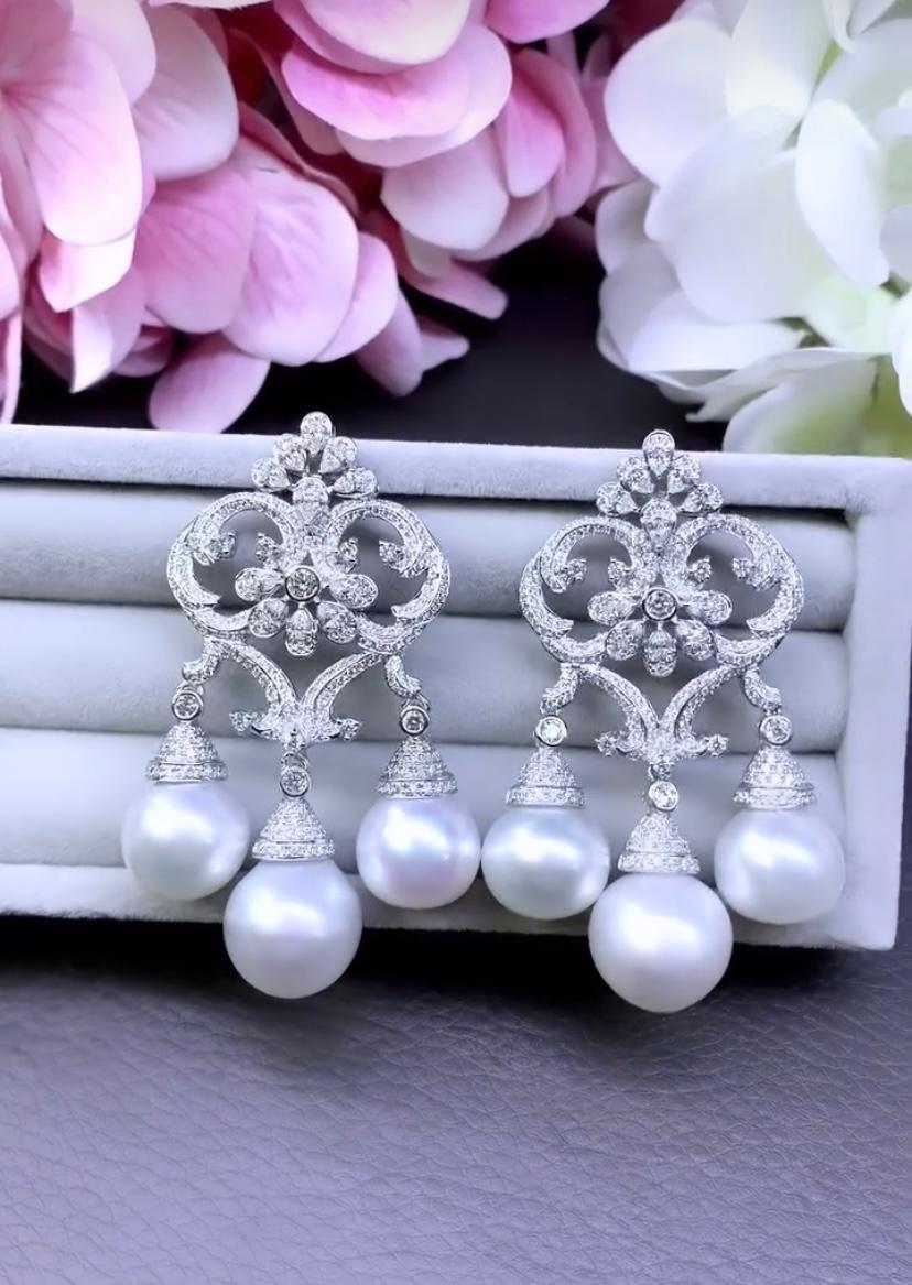 Women's GIT Certified South Sea Pearls 6.00 Ct Diamonds 18k Gold Earrings For Sale