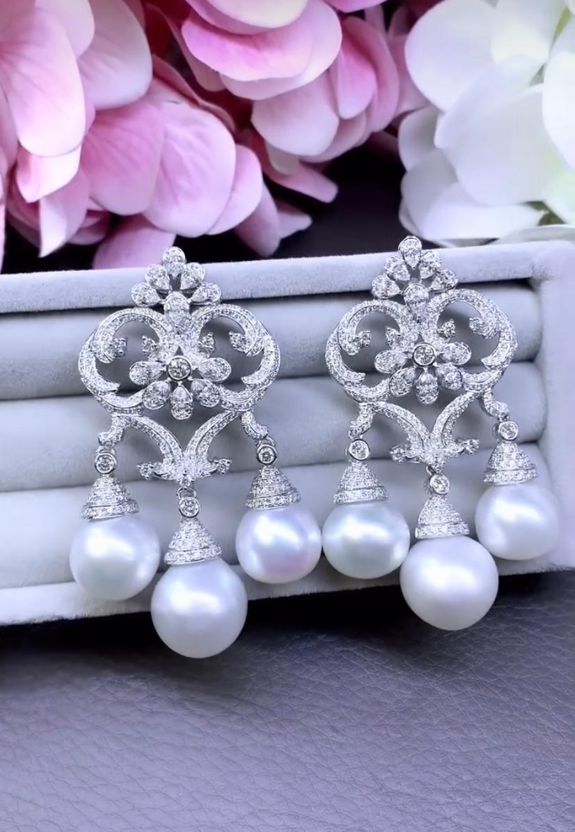 GIT Certified South Sea Pearls 6.00 Ct Diamonds 18k Gold Earrings For Sale 2