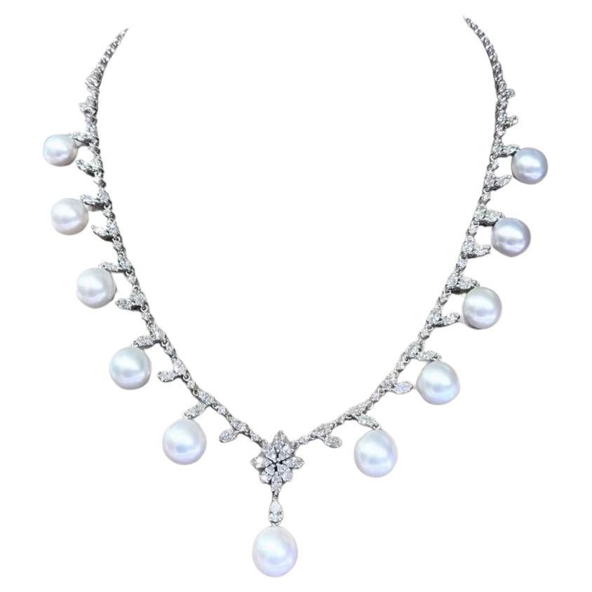 GIT Perles des mers du Sud certifiées 7.40 Ct Diamants Collier en or 18K en vente