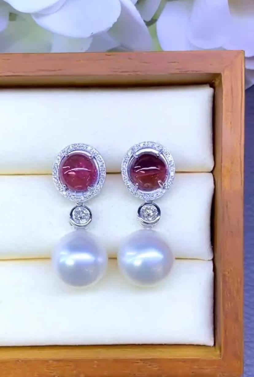 Women's GIT Certified South Sea Pearls 8.70 Ct Tourmaline Diamonds 18K Gold Earrings For Sale
