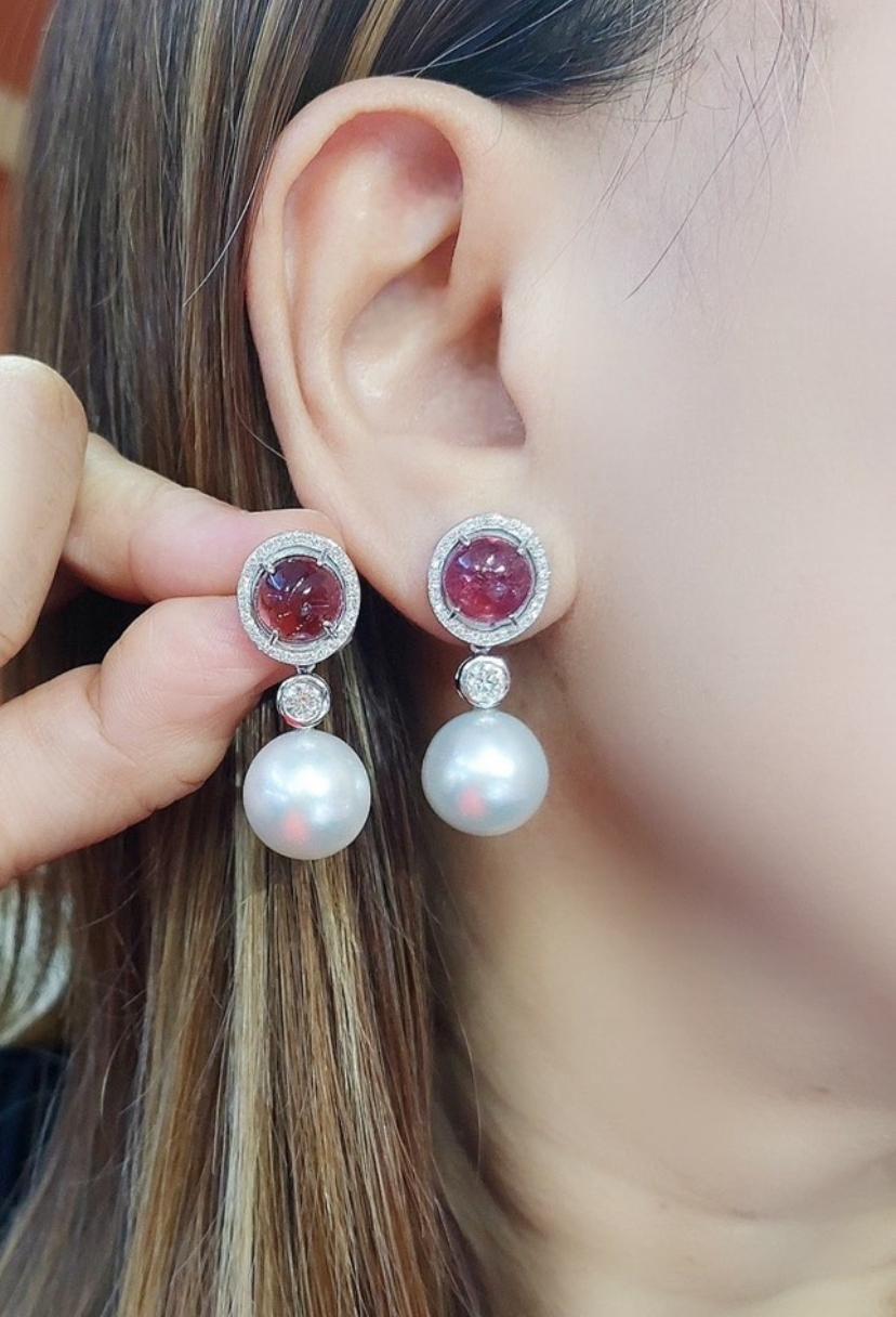GIT Certified South Sea Pearls 8.70 Ct Tourmaline Diamonds 18K Gold Earrings For Sale 3