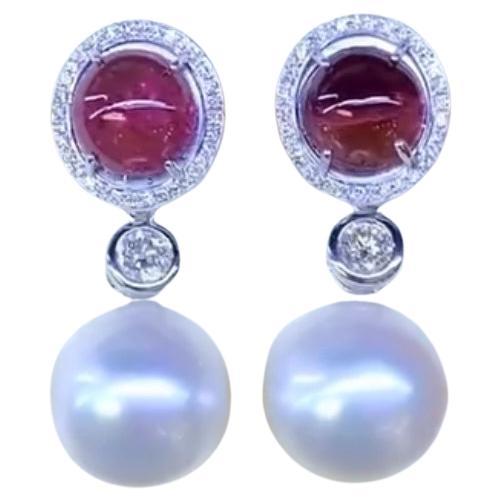 GIT Certified South Sea Pearls 8.70 Ct Tourmaline Diamonds 18K Gold Earrings For Sale