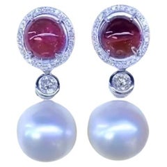 Boucles d'oreilles en or 18 carats, perles des mers du Sud certifiées GIT, diamants et tourmaline de 8,70 carats