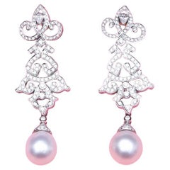 Art Deco-Ohrringe, GIT-zertifizierte Südseeperlen Diamanten 18K Gold