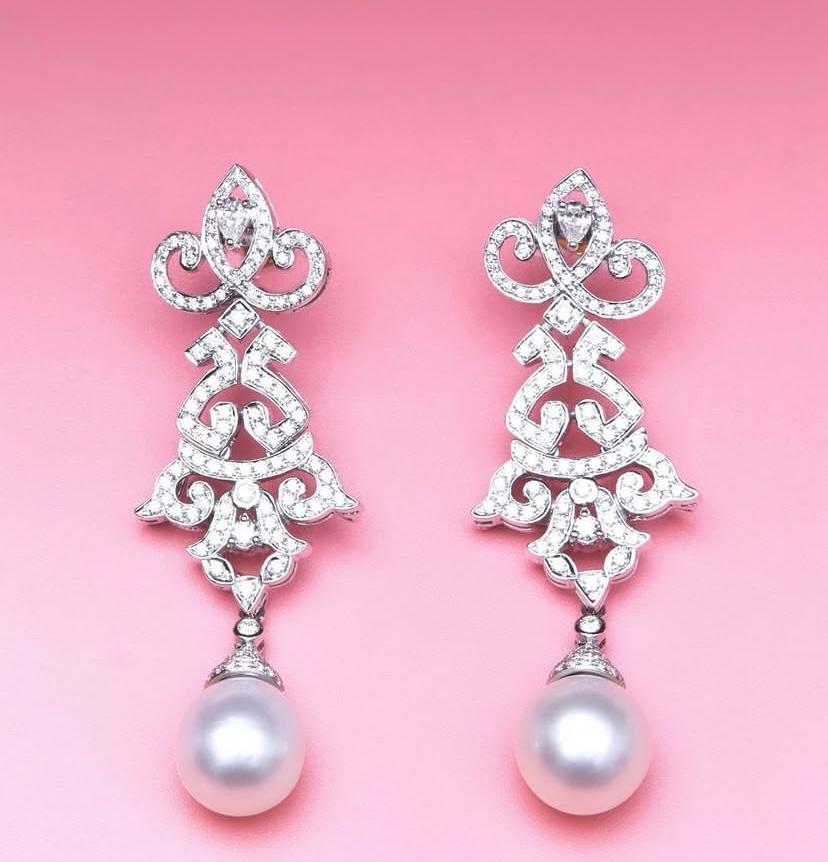 Art Deco-Ohrringe, GIT-zertifizierte Südseeperlen Diamanten 18K Gold Damen im Angebot
