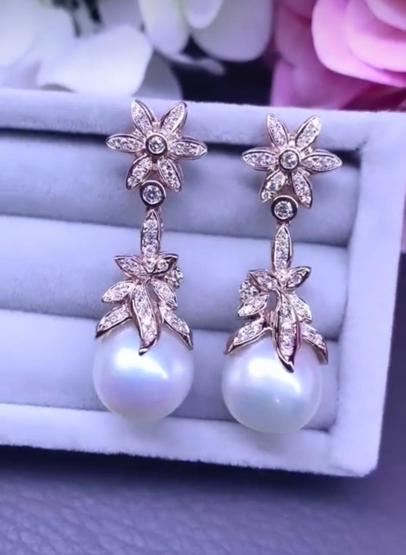 Round Cut GIT Certified South Sea Pearls Diamonds 18K Gold Earrings For Sale