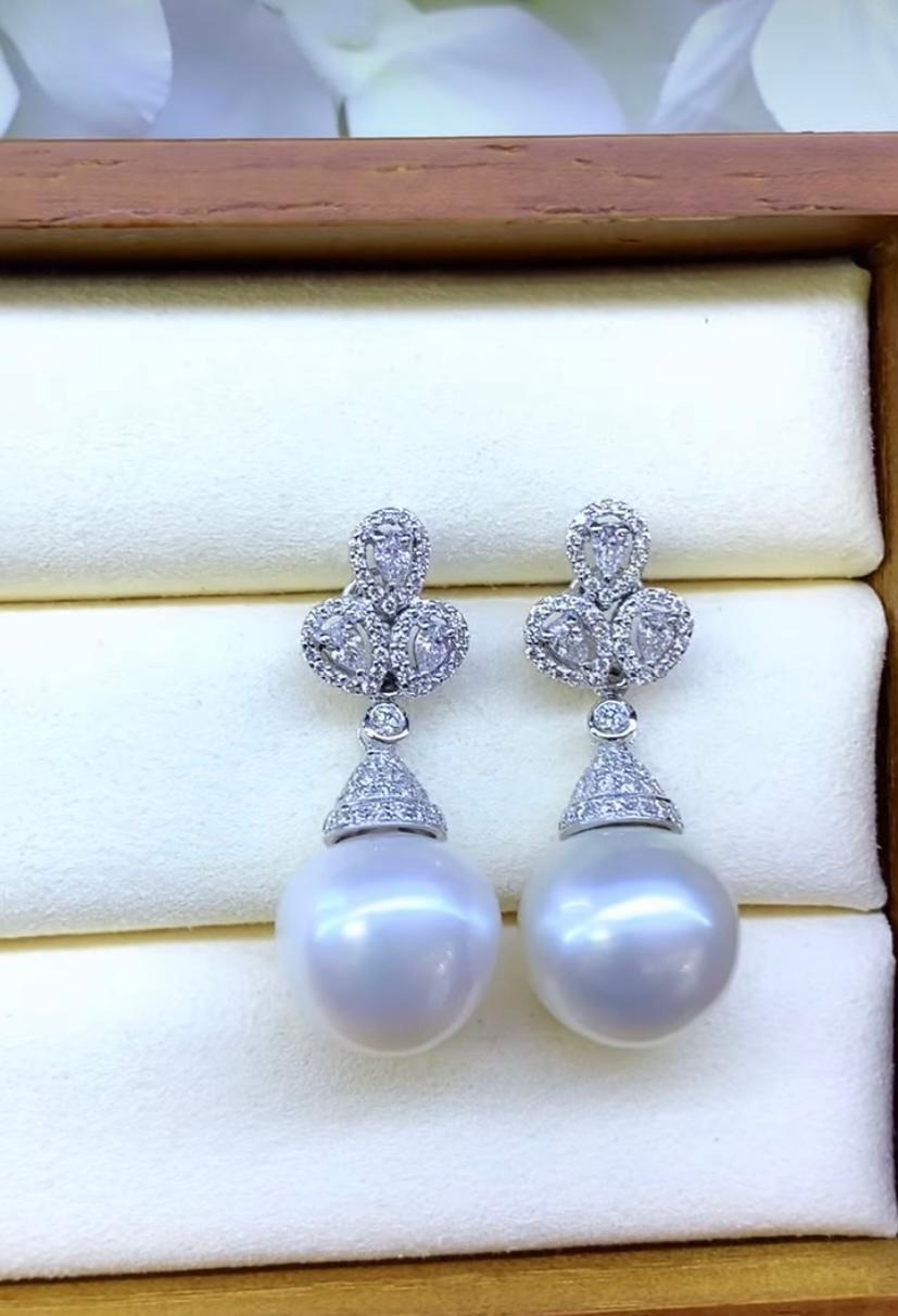 GIT Certified South Sea Pearls  Diamonds 18K Gold Earrings For Sale 1