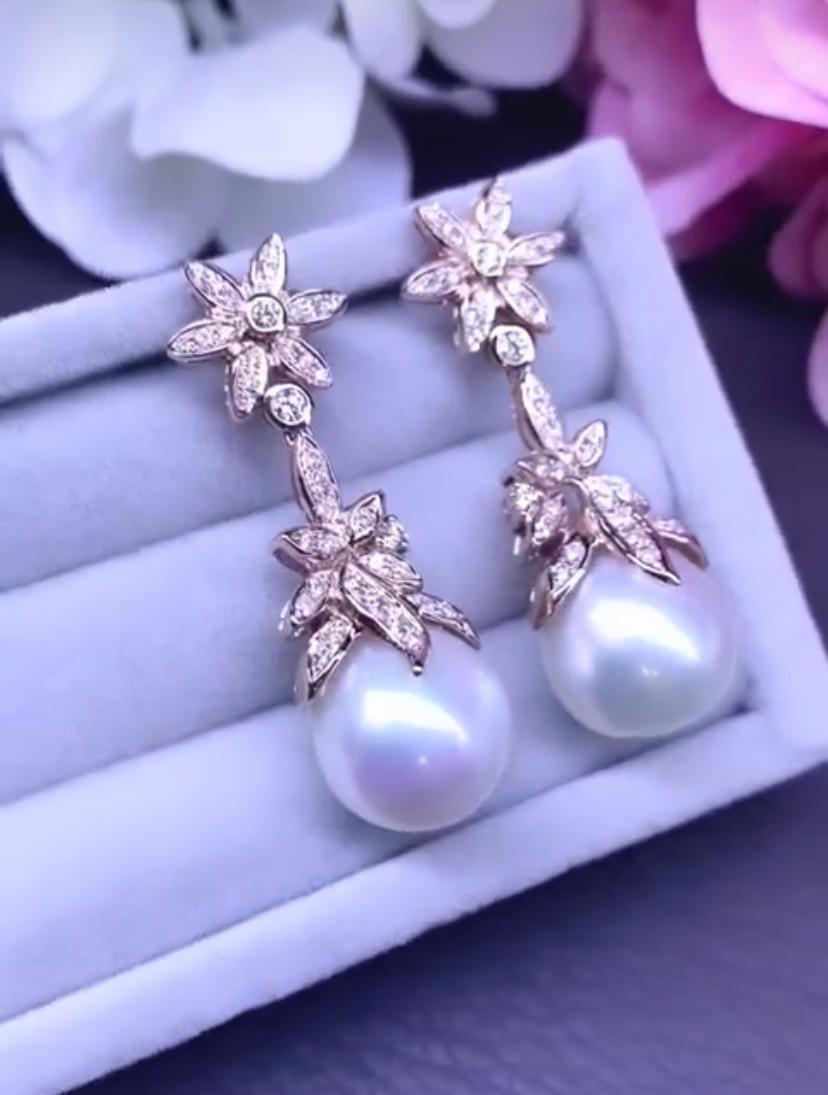 GIT Certified South Sea Pearls Diamonds 18K Gold Earrings For Sale 1