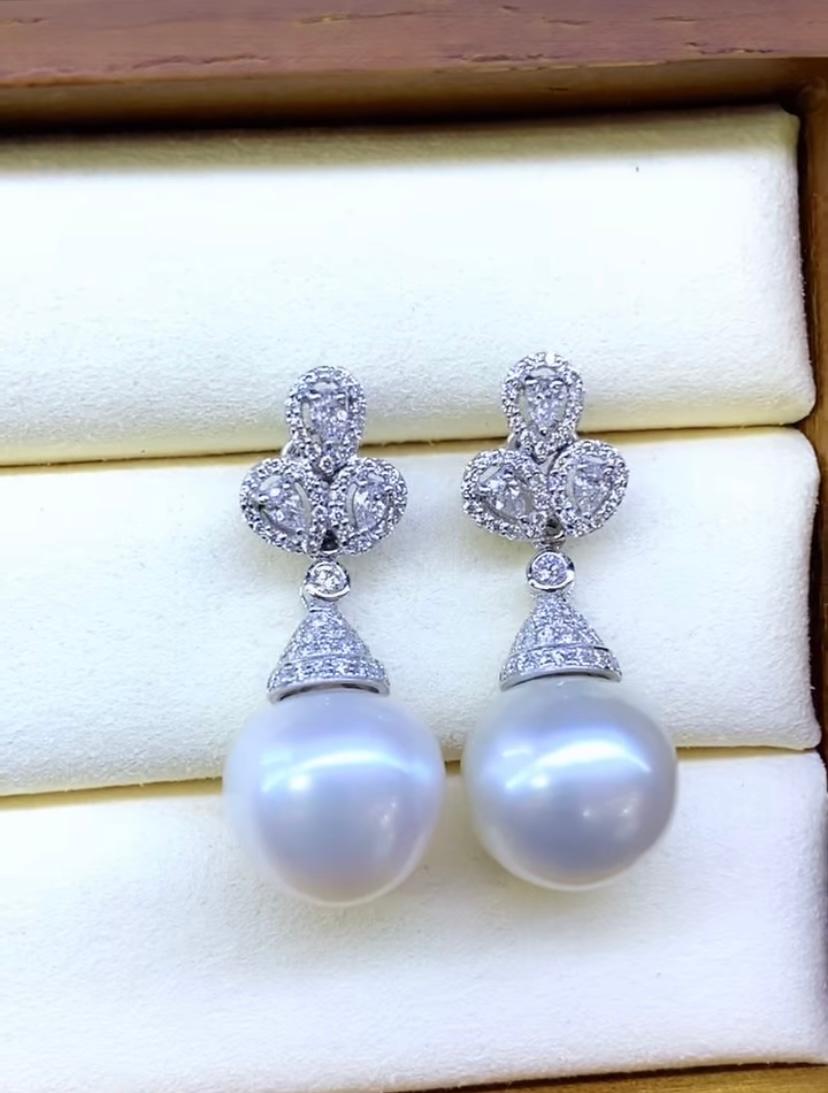 GIT Certified South Sea Pearls  Diamonds 18K Gold Earrings For Sale 2