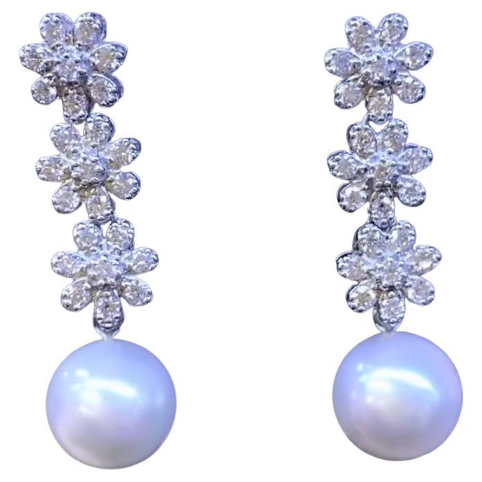 GIT Certified South Sea Pearls  Diamonds 18K Gold Flowers Earrings For Sale