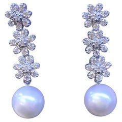 GIT Certified South Sea Pearls  Diamonds 18K Gold Flowers Earrings