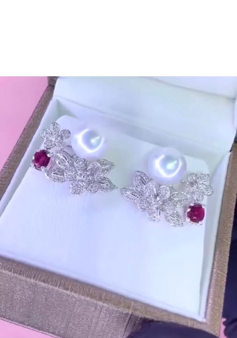 Round Cut GIT Certified South Sea Pearls Diamonds Rubies 18K Gold Earrings For Sale