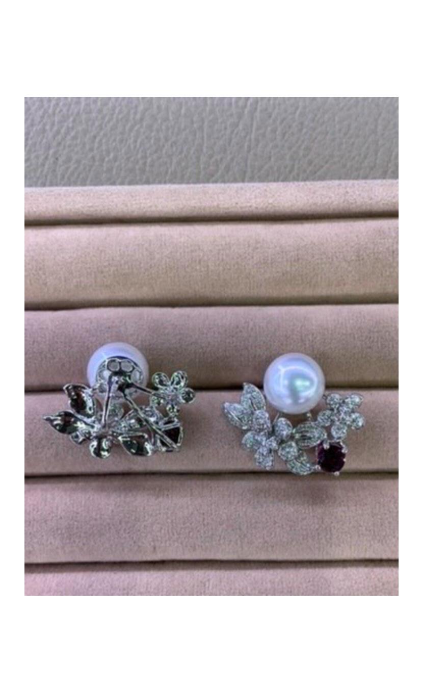 Women's GIT Certified South Sea Pearls Diamonds Rubies 18K Gold Earrings For Sale