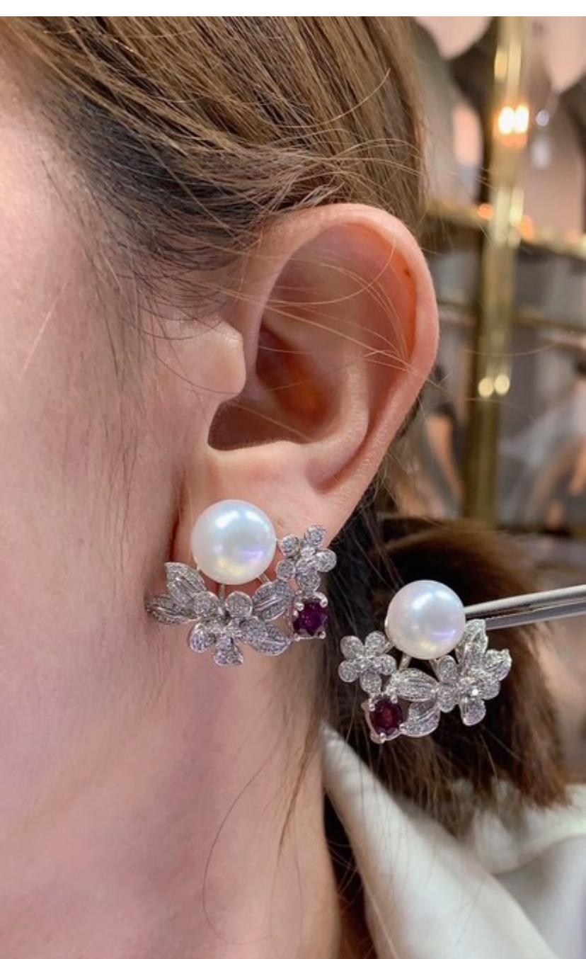 GIT Certified South Sea Pearls Diamonds Rubies 18K Gold Earrings For Sale 1