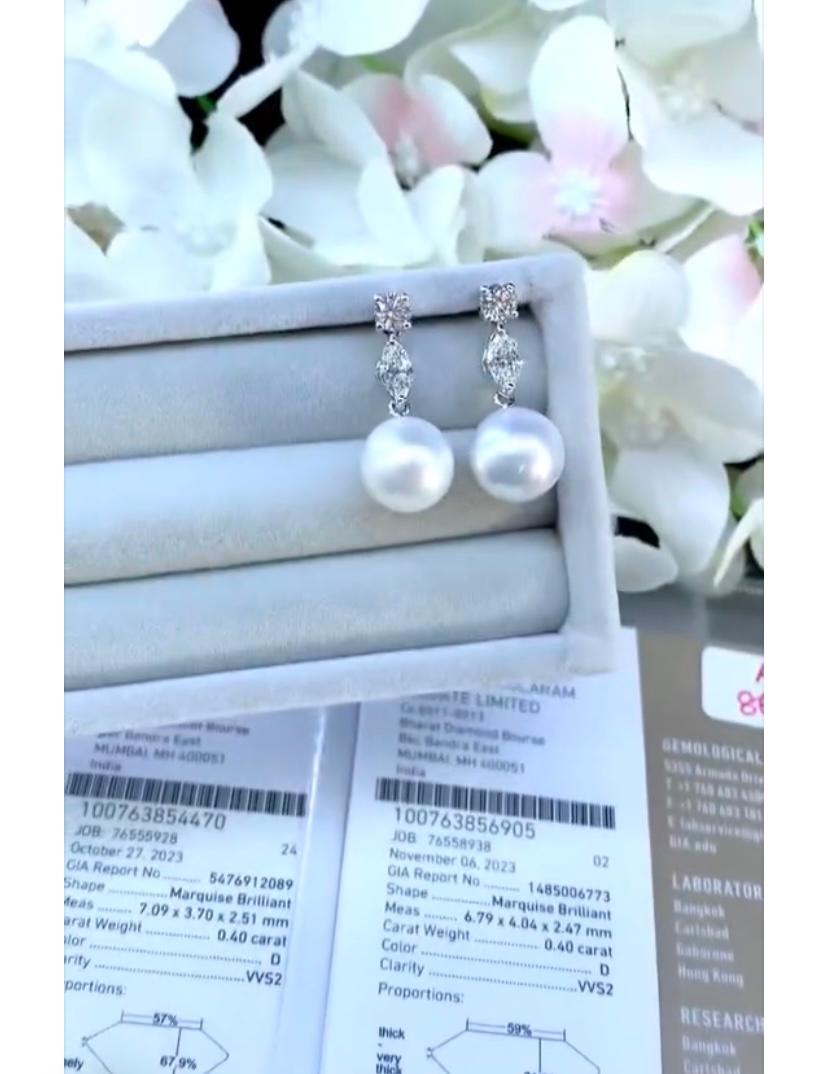 Mixed Cut GIT Certified South Sea Pearls GIA Certified Marquise Cut Diamonds Earrings For Sale