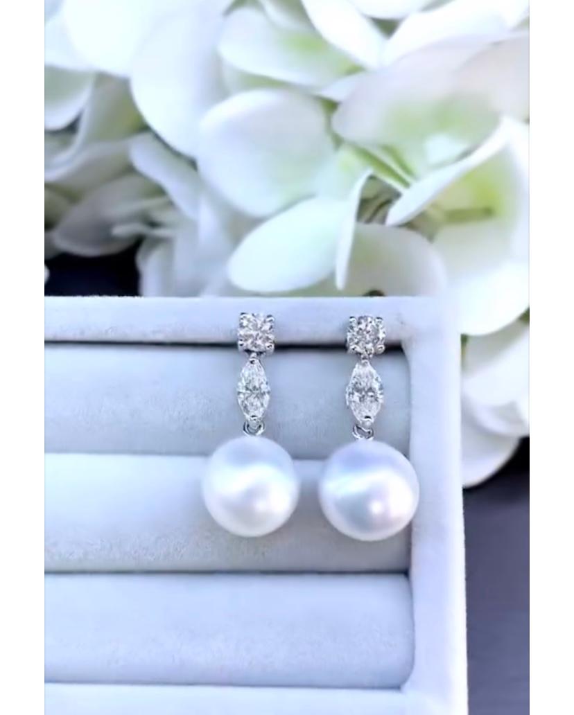 Women's GIT Certified South Sea Pearls GIA Certified Marquise Cut Diamonds Earrings For Sale